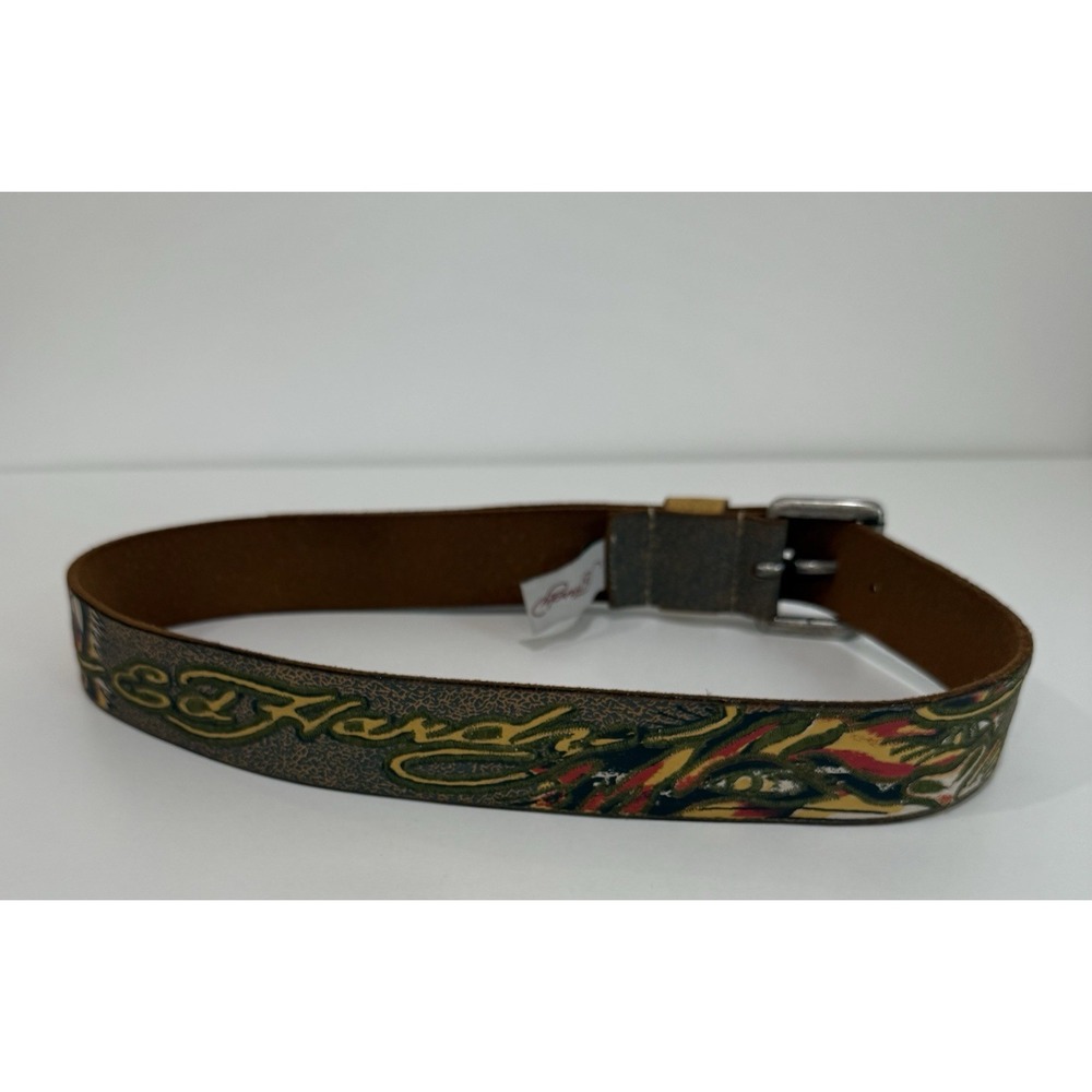 Ed Hardy Distressed Panther Graphic Leather Belt Men's Sz Small - Picture 2 of 10